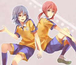  2boys :d blue_hair brown_eyes commentary_request inazuma_eleven_(series) inazuma_eleven_go kariya_masaki kirino_ranmaru lightning_bolt_symbol male_focus multiple_boys open_mouth oyu_cocoa pink_hair raimon shorts smile soccer_uniform sportswear twintails 