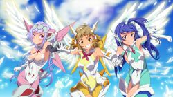  3girls bare_shoulders blue_eyes blue_hair bodysuit boots brown_hair commentary_request green_bodysuit headphones highres kazanari_tsubasa long_hair lyrical_denko multiple_girls one_side_up orange_eyes pink_bodysuit purple_eyes purple_hair senki_zesshou_symphogear short_hair tachibana_hibiki_(symphogear) thigh_boots thighhighs twintails wings x-drive_(symphogear) yellow_bodysuit yukine_chris 