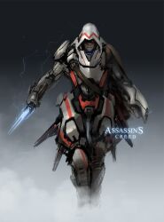  1boy armor assassin&#039;s_creed_(series) assassin&#039;s_creed_ii commentary_request dark-skinned_male dark_skin full_armor gradient highres hood knife male_focus mechanization photoshop_(medium) prog_wang red_eyes science_fiction solo weapon 