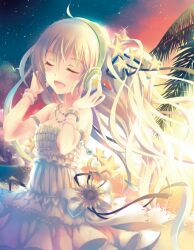  ahoge bad_id bad_pixiv_id beach blonde_hair bracelet closed_eyes cloud crescent dress female flower hair_ornament hair_ribbon hands_on_headphones jewelry long_hair necklace open_mouth original photoshop_(medium) ponytail ribbon sand solo star_(sky) star_(symbol) sunflower sunset twilight very_long_hair water white_dress yamadori_yoshitomo 