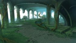  arch architecture atelier_(series) atelier_ayesha fantasy hidari_(left_side) landscape moss nature no_humans official_art overgrown photoshop_(medium) plant ruins scenery vines 