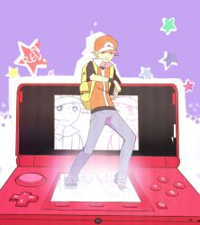  bad_id bad_pixiv_id bag banned_artist baseball_cap brown_eyes brown_hair dancing handheld_game_console hat nintendo nintendo_3ds pokemon pokemon_(game) pokemon_rgby purple_background red_(pokemon) red_(pokemon_frlg) short_hair star starry_background tribute 