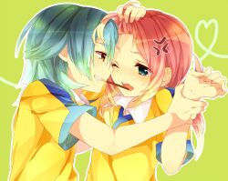  2boys aqua_eyes aqua_hair bad_id bad_pixiv_id food hanasaki_coa heart inazuma_eleven_(series) inazuma_eleven_go kariya_masaki kirino_ranmaru male_focus multiple_boys one_eye_closed pink_hair pocky soccer_uniform sportswear twintails yaoi yellow_eyes 