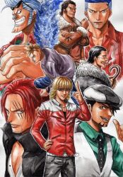  6+boys aki-rose antonio_lopez bad_id bad_pixiv_id barnaby_brooks_jr. black_hair blonde_hair blue_fire blue_hair brown_hair cabbie_hat crocodile_(one_piece) crossover facial_hair fire franky_(one_piece) hat hook hook_hand iceburg jacket kaburagi_t._kotetsu male_focus marco_(one_piece) multiple_boys nib_pen_(medium) one_piece painting_(medium) red_hair red_jacket salute scar shanks_(one_piece) stubble sunglasses tiger_&amp;_bunny traditional_media watercolor_(medium) 