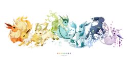  commentary_request espeon fire flareon forked_tail glaceon jolteon kotori_(lycka) leaf leafeon no_humans pokemon pokemon_(creature) rainbow_order simple_background tail umbreon vaporeon 