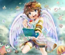  1boy angel bike_shorts blue_eyes kid_icarus lolicon looking_at_viewer lowres male male_focus nintendo nintendo_3ds pit pit_(kid_icarus) short_hair smile solo tunic wings 