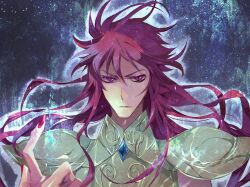  1boy 4_(ym1129) aquarius_camus armor aura bad_id bad_pixiv_id fingernails gold_armor gold_saint long_fingernails long_hair male_focus nail_polish painttool_sai_(medium) red_eyes red_hair saint_seiya solo 