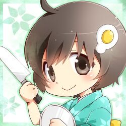  ahoge araragi_tsukihi bakemonogatari black_eyes black_hair chibi commentary_request egg_hair_ornament female food-themed_hair_ornament hair_ornament japanese_clothes kimono knife lowres monogatari_(series) nisemonogatari shima_riu short_hair smile solo 