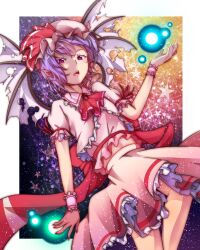  arm_up artistic_error ascot bad_id bad_pixiv_id bat_wings brooch energy_ball female hat hat_ribbon highres jewelry light_particles looking_at_viewer midriff mizuki_(ekakichan) open_mouth pointy_ears purple_eyes purple_hair remilia_scarlet revision ribbon shirt short_hair skirt skirt_set solo star_(symbol) torn_wings touhou upskirt wings wrist_cuffs 