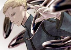  1boy bad_id bad_pixiv_id blonde_hair blue_eyes blurry commentary_request depth_of_field fate/zero fate_(series) gloves hair_slicked_back kakesu_(freiheit) kayneth_el-melloi_archibald male_focus mercury_(element) solo volumen_hydragyrum_(fate) white_gloves 