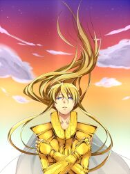  1boy armor bad_id bad_pixiv_id blonde_hair blue_eyes cloud gold_armor gold_saint long_hair male_focus saint_seiya sakino_saku solo star_(sky) virgo_shaka 