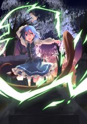  arms_up bad_id bad_pixiv_id blue_eyes blue_hair blush female grave heterochromia jumping karakasa_obake open_mouth purple_umbrella red_eyes saraki short_hair skirt smile solo sunset tatara_kogasa tombstone tongue touhou tree umbrella 