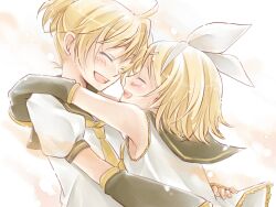  1boy armpits blonde_hair blush bow brother_and_sister closed_eyes commentary_request detached_sleeves female hair_ornament hair_ribbon kagamine_len kagamine_rin open_mouth ribbon shima_riu short_hair siblings smile twins upper_body vocaloid 