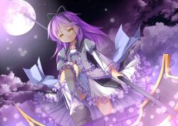  ascot commentary_request dress eiyuu_densetsu female frills from_below full_moon holding holding_scythe light_particles moon purple_background purple_hair purple_moon purple_theme renne_(eiyuu_densetsu) saru scythe short_hair smile solo sora_no_kiseki yellow_eyes 