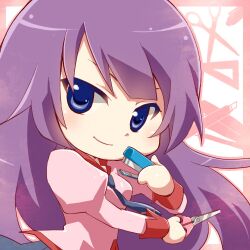  bakemonogatari blue_eyes chibi commentary_request female long_hair lowres monogatari_(series) naoetsu_high_school_uniform necktie partial_commentary purple_hair school_uniform scissors senjougahara_hitagi shima_riu smile solo stapler 