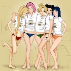  5girls barefoot black_hair black_panties blonde_hair blue_eyes blue_panties brown_eyes double_bun green_eyes green_panties group_hug hair_bun hair_over_one_eye hug hyuuga_hinata ino_yamanaka multiple_girls naruto naruto_(series) naruto_shippuuden orange_panties panties photo_(medium) photoshop_(medium) pink_hair print_panties quad_tails red_panties sakura_haruno shirt suxius temari_(naruto) tenten_(naruto) underwear 