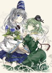  2girls bad_id bad_pixiv_id blue_eyes bouquet colored_eyelashes dress fancybetty flower green_dress green_eyes green_hair grey_hair hair_flower hair_ornament hat hat_ribbon highres hug japanese_clothes kariginu looking_at_viewer looking_back mononobe_no_futo multiple_girls ponytail ribbon shirt short_hair skirt smelling_flower smile soga_no_tojiko touhou wide_sleeves 