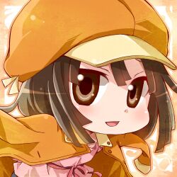  bakemonogatari brown_eyes brown_hair cabbie_hat chibi commentary_request female hat jacket lowres monogatari_(series) open_mouth partial_commentary sengoku_nadeko shima_riu short_hair smile solo 