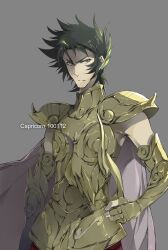  1boy 4_(ym1129) armor bad_id bad_pixiv_id black_hair cape capricorn_shura gold_armor gold_saint highres looking_at_viewer male_focus painttool_sai_(medium) saint_seiya simple_background solo 