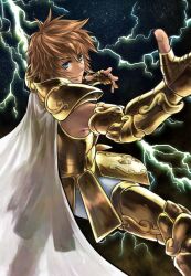  1boy armor blue_eyes brown_hair cape commentary_request electricity gold_armor gold_saint lanuarius leo_regulus lightning male_focus saint_seiya saint_seiya:_the_lost_canvas sky solo star_(sky) starry_sky 