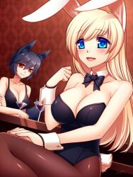  2girls animal_ears bare_shoulders black_hair blonde_hair blue_eyes blush bow bowtie breasts cleavage commentary_request crossed_arms cup detached_collar dog_ears dog_tail konshin large_breasts long_hair multiple_girls original pantyhose playboy_bunny rabbit_ears rabbit_tail red_eyes short_hair smile tail wolf_ears wrist_cuffs 