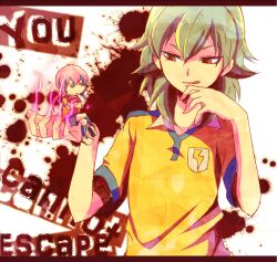  2boys aqua_hair bad_id bad_pixiv_id chibi crossed_legs english_text green_eyes holding inazuma_eleven_(series) inazuma_eleven_go kariya_masaki kirino_ranmaru letterboxed male_focus multiple_boys pink_hair shorts sitting soccer_uniform sportswear tongue twintails xxx_yc05 yellow_eyes 