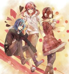  3boys androgynous bad_id bad_pixiv_id blue_eyes blue_hair brown_eyes brown_hair cup earmuffs food glasses hair_ornament hairclip headphones heart holding inazuma_eleven_(series) inazuma_eleven_go kariya_masaki kirino_ranmaru looking_at_viewer male_focus mouth_hold multiple_boys oyu_cocoa pink_hair pocky shindou_takuto star_(symbol) striped twintails vertical_stripes yellow_eyes 