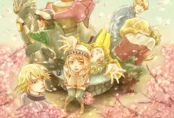  2girls 6+boys antonio_lopez barnaby_brooks_jr. beanie blonde_hair bruce_lee&#039;s_jumpsuit canine cherry_blossoms commentary_request flower from_above green_eyes hat huang_baoling ivan_karelin jacket john_(tiger_&amp;_bunny) kaburagi_t._kotetsu karina_lyle keith_goodman letterman_jacket multiple_boys multiple_girls nathan_seymour outstretched_arms perspective petals purple_eyes spring_(season) tiger_&amp;_bunny tree unbrfjsn yuri_petrov 