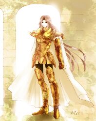  1boy aries_muu armor cape character_name commentary_request full_body gold_armor gold_saint ichi_(ringogogo777) long_hair looking_at_viewer male_focus pink_hair saint_seiya solo standing 