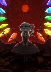  alternate_hair_color broken_wall commentary_request daitai_konna_kanji dress female flandre_scarlet full_moon glowing glowing_eyes hat hat_ribbon holding hole_in_wall laevatein_(touhou) large_wings moon red_dress red_eyes red_moon ribbon side_ponytail smile solo touhou vampire white_hair wings 