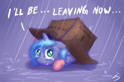  123hamster 3:2 adoption_box blue_hair bodily_fluids box cardboard cardboard_box container english_text equid equine female feral friendship_is_magic green_eyes hair hasbro horn in_box in_container mammal my_little_pony mythological_creature mythological_equine mythology princess_luna_(mlp) raining signature solo tears text unicorn young young_feral 