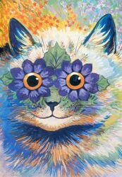  ambiguous_gender colorful_theme domestic_cat early_indian_irish felid feline felis feral flower formal_art leaf looking_at_viewer louis_wain mammal orange_eyes plant smile solo surreal traditional_media_(artwork) what 