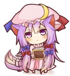  :&lt; animal_ears book cat_ears cat_tail chibi commentary_request crescent female hat holding holding_book long_hair lowres patchouli_knowledge purple_eyes purple_hair simple_background solo tail tosura-ayato touhou white_background 