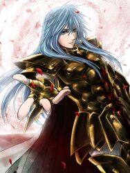  1boy armor blood blue_eyes blue_hair cape commentary_request gold_armor gold_saint lanuarius long_hair male_focus petals pisces_albafica saint_seiya saint_seiya:_the_lost_canvas solo 