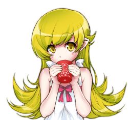  blonde_hair blush_stickers character_name commentary_request cup female highres long_hair monogatari_(series) mug mug_writing nisemonogatari oshino_shinobu simple_background solo white_background yakubeni yellow_eyes 