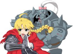  ahoge alphonse_elric armor automail bad_id bad_pixiv_id blonde_hair bow braid cosplay edward_elric edward_elric_(cosplay) female full_armor fullmetal_alchemist gloves hisakawa_riho hoshii_miki idolmaster idolmaster_(classic) kugimiya_rie long_hair mechanical_arms minase_iori parody single_braid single_mechanical_arm stuffed_animal stuffed_rabbit stuffed_toy usa-chan_(idolmaster) voice_actor_connection 