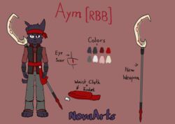  aym_(cult_of_the_lamb) clothed clothing cult_of_the_lamb digital_drawing_(artwork) digital_media_(artwork) english_text eye_scar facial_scar felid feline mammal massive_monster_(studio) model_sheet novaarts scar text weapon 