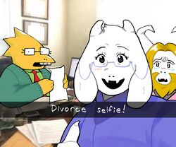  alphys anthro asgore_dreemurr beard blonde_beard blonde_facial_hair blonde_hair blush bodily_fluids boss_monster_(undertale) bovid caprine certificate chair clothed clothing crying deltarune desk detailed_background divorce divorce_selfie electronics english_text eyewear facial_hair female frown fully_clothed fur furniture gesture glasses goat group hair hand_gesture happy hi_res holding_object holding_paper horn humor inside jacket kfov_851 lizard long_ears looking_at_viewer male mammal meme monitor necktie office open_frown open_mouth open_smile paper photo_background photography_(artwork) rectangular_glasses reptile sad scales scalie selfie shirt smile snapchat surprise table tears text thumbs_up topwear toriel trio undertale undertale_(series) white_body white_fur yellow_body yellow_scales 