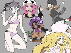  1boy 1other 5girls alternate_costume anger_vein ass bad_id bad_pixiv_id barefoot bikini black-framed_eyewear black_hair blonde_hair blue_eyes blush bonnet boots breasts bright_pupils brown_eyes brown_hair caitlin_(pokemon) cleavage clenched_hand closed_eyes collarbone dark-skinned_female dark_skin diantha_(pokemon) dirty dirty_clothes drawing_on_another&#039;s_face eyelashes eyeshadow gloves grey_background grey_eyes grey_gloves hand_up hapu_(pokemon) hat highres holding holding_pen holding_removed_eyewear jewelry jumpsuit kneeling long_hair long_sleeves looking_at_viewer looking_back lyra_(pokemon) makeup miniskirt multi-tied_hair multiple_girls nail_polish navel necklace nutkingcall open_mouth panties pen pokemon pokemon_bw pokemon_hgss pokemon_sm pokemon_xy purple_bikini purple_nails short_hair short_sleeves silver_(pokemon) simple_background skirt skirt_tug sleeveless smile squatting striped_clothes striped_panties sunglasses sweat swimsuit team_rocket team_rocket_uniform team_skull_grunt teeth toes tongue tongue_out twintails underwear unworn_eyewear v-shaped_eyebrows white_headwear wristband 