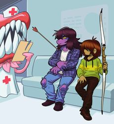  2022 4_fingers absurd_res ambiguous_gender angusburgers anthro arrow_(weapon) arrowed bow_(weapon) checkered checkered_clothing clothed clothing death_stare deltarune detailed_background digital_media_(artwork) female fingers freckles group hair hi_res hospital human humor inside kris_(deltarune) looking_at_another male mammal nurse patient pattern_clothing ranged_weapon red_big_mouth_(deltarune) scalie sharp_teeth sitting susie_(deltarune) teeth trio undertale_(series) waiting waiting_room weapon wounded 