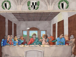  2000 4:3 anthro bowl canid canine canis clothed clothing container crest_(heraldry) cup detailed_background felid food furniture gesture goblet group guppy_(artist) inside inspired_by_formal_art jesus_christ lion looking_at_another male mammal meme pantherine plate religion robe signature sitting symbol table the_last_supper window wolf 