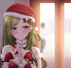  absurdres blush breasts cleavage detached_collar door female fingernails full-face_blush green_eyes green_hair hat highres idolmaster idolmaster_shiny_colors indoors light_smile long_hair looking_at_viewer manjukannon nail_polish nanakusa_hazuki own_hands_together santa_costume santa_hat solo straight_hair underwear very_long_hair wrist_cuffs 