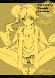  ahoge ankle_grab araragi_karen barefoot butterfly_sitting female jacket jacket_on_shoulders light_smile monochrome monogatari_(series) naruse_hirofumi nisemonogatari no_pants panties side_ponytail sitting solo underwear yellow_theme 