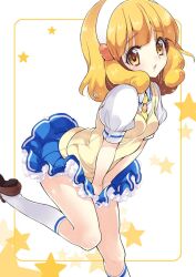  bad_id bad_pixiv_id blonde_hair blush brown_eyes female frilled_skirt frills hairband kneehighs leaning_forward leg_up nanairogaoka_middle_school_uniform precure school_uniform skirt skirt_flip skirt_tug smile_precure socks solo star_(symbol) starry_background sweater_vest white_background white_hairband yayoi_kise yukiwo 