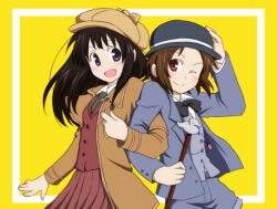  2girls black_hair cane chitanda_eru commentary_request cosplay deerstalker detective hat hercule_poirot hercule_poirot_(cosplay) hyouka ibara_mayaka kimi_ni_matsuwaru_mystery long_hair multiple_girls one_eye_closed purple_eyes red_eyes sherlock_holmes sherlock_holmes_(cosplay) short_hair shorts taiki_(6240taiki) the_adventures_of_sherlock_holmes 