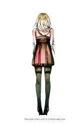  2012 back-seamed_legwear black_thighhighs blonde_hair braid dress facing_away female from_behind full_body high_heels ia_(vocaloid) kiryuu_tsukasa_(citrocube) long_hair seamed_legwear shoes short_dress simple_background solo thighhighs vocaloid white_background 