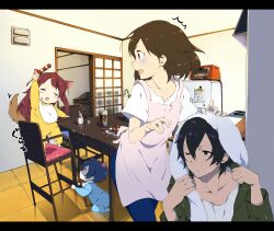  1boy 3girls :d :o ^^^ ^_^ aged_down ame_(ookami_kodomo) animal_ears apron black_hair blue_hair blush_stickers brown_eyes brown_hair chair closed_eyes commentary_request dress family food food_on_face hana_(ookami_kodomo) high_chair highres holding kiya_machi letterboxed lolicon multiple_girls one_eye_closed ookami_kodomo_no_ame_to_yuki ookami_otoko open_mouth pinafore_dress short_hair sleeveless sleeveless_dress smile standing tail towel twintails wet yuki_(ookami_kodomo) 