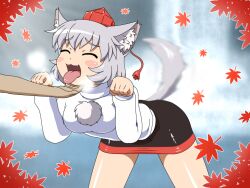  ^_^ animal_ears blush_stickers closed_eyes commentary_request fangs female grey_hair happy hat heavy_breathing inubashiri_momiji leaf leaning_forward maple_leaf miniskirt open_mouth paw_pose scratching shirosato short_hair skirt solo spread_legs tail tail_wagging tokin_hat tongue tongue_out touhou wolf_ears wolf_tail 