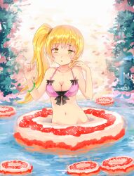  aged_up bikini blonde_hair blush breasts cleavage commentary_request doughnut doughnut_innertube female food front-tie_top innertube kiss-shot_acerola-orion_heart-under-blade long_hair medium_breasts monogatari_(series) mushiboy navel nisemonogatari oshino_shinobu oversized_object side_ponytail solo swim_ring swimsuit teenage wading water yellow_eyes 