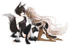  2girls all_fours animal_ears arm_support bad_id bad_pixiv_id barefoot black_hair black_legwear borrowed_character coat collarbone dark-skinned_female dark_skin dress food fox_ears fox_tail full_body fur_coat long_hair multiple_girls munlu_(wolupus) nanashi_(ganesagi) no_shoes open_mouth original photoshop_(medium) pocky pocky_kiss profile shared_food short_hair simple_background strap_slip tail thighhighs very_long_hair white_background white_hair yellow_eyes yuri 